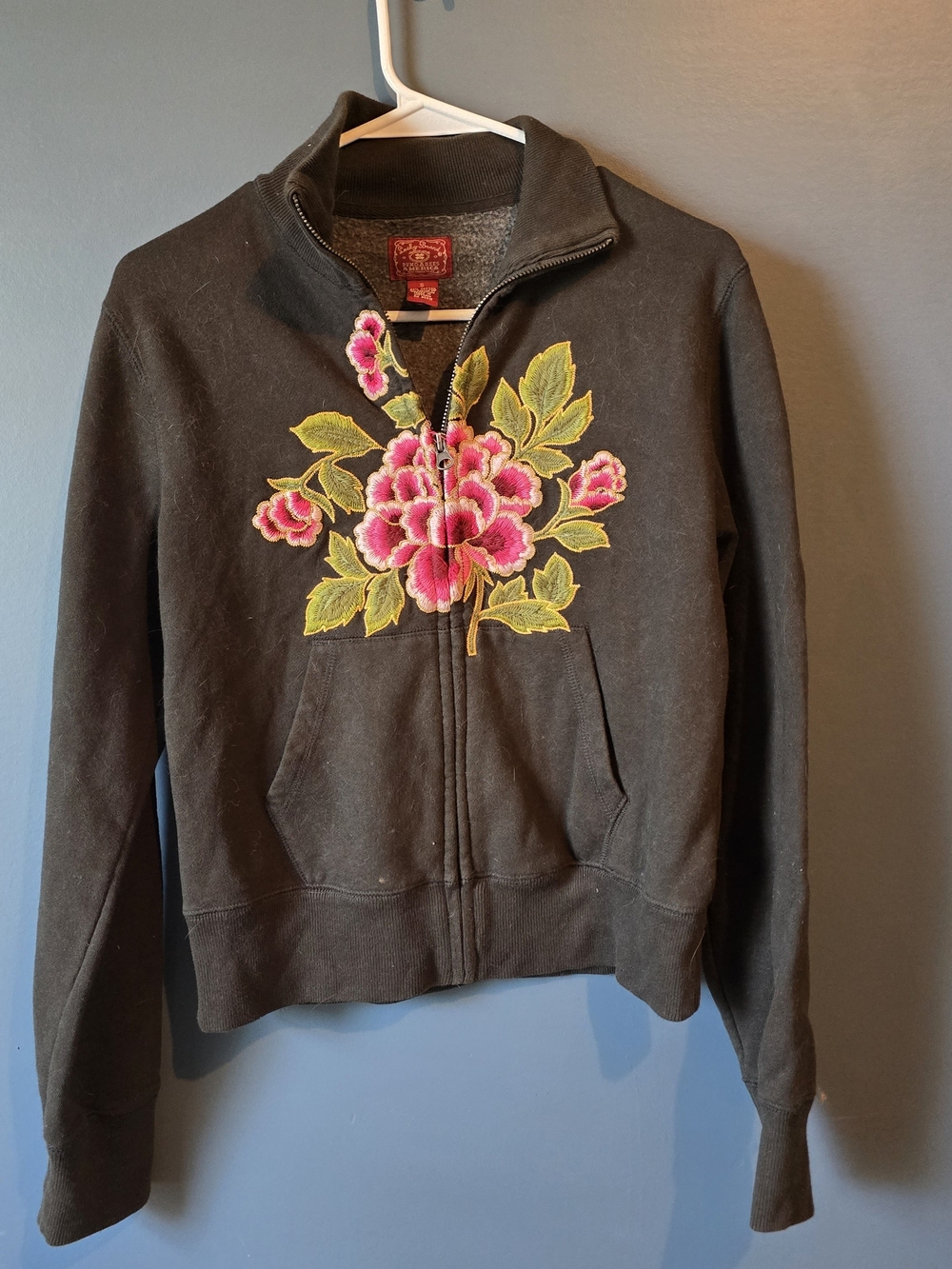 Lucky Brand Black Zip-Up Jacket with Pink Floral Embroidery